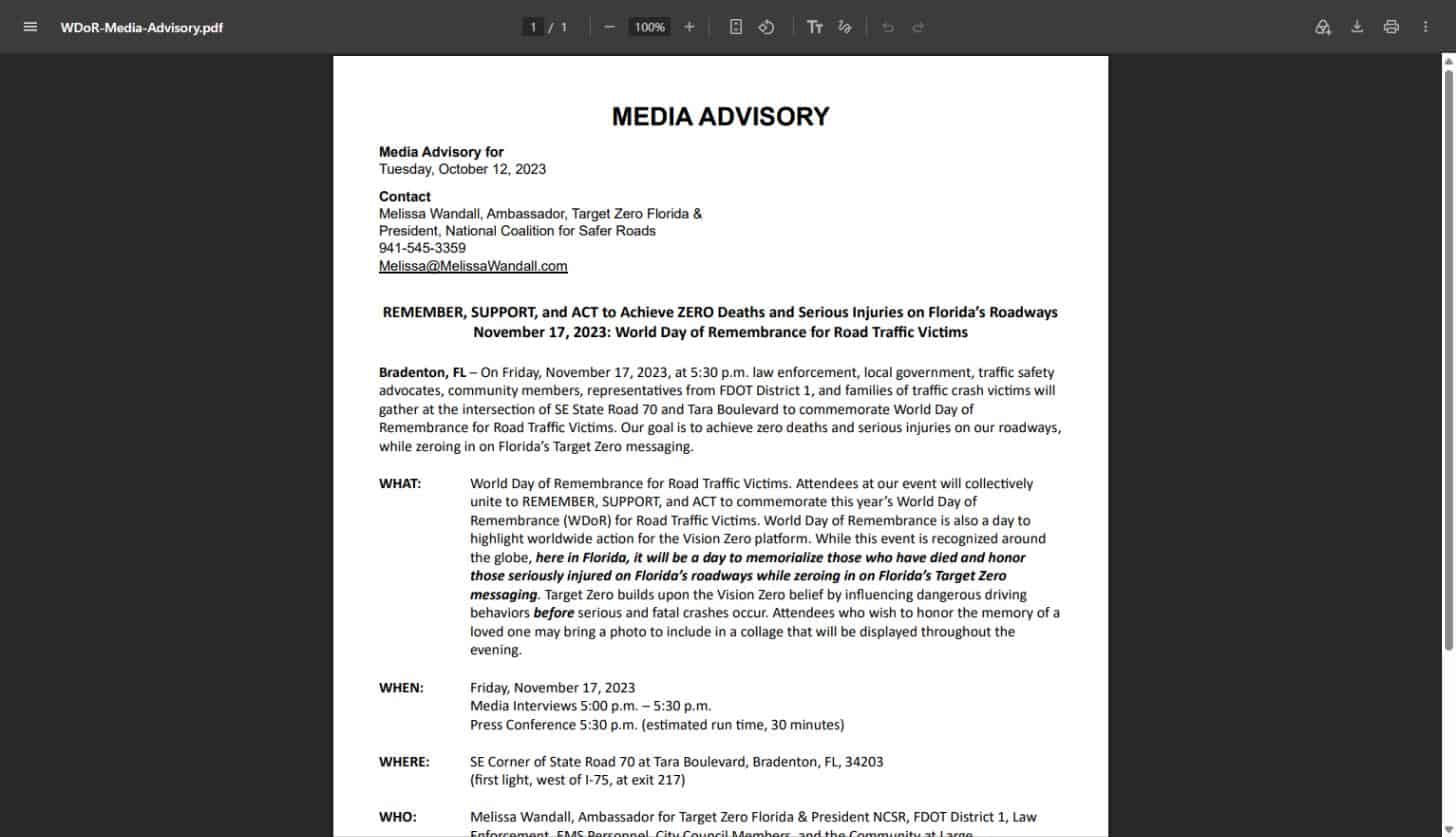 World Day of Remembrance media advisory cover